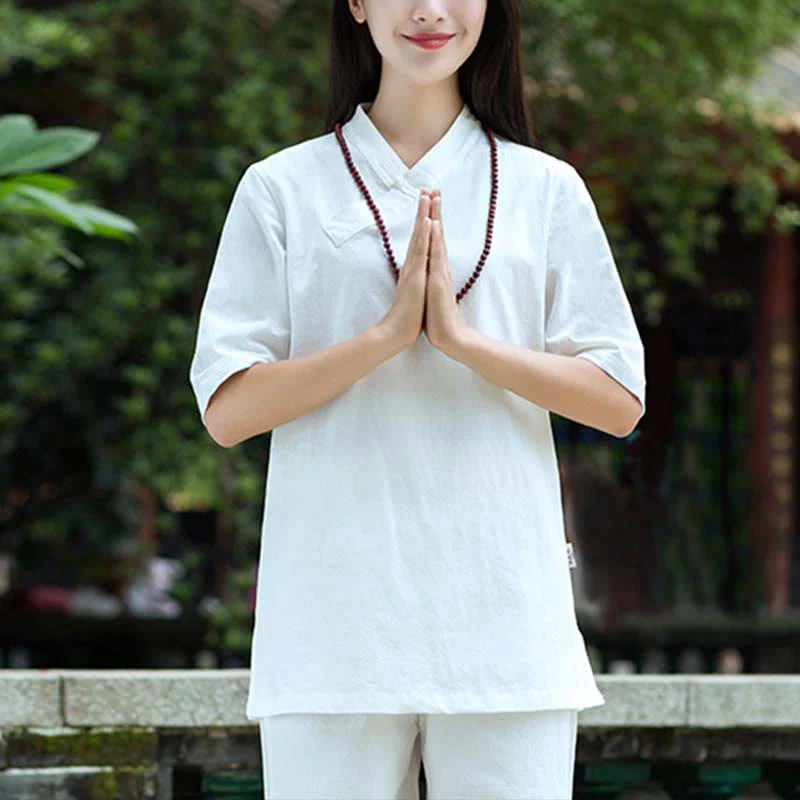 Buddha Stones 2 pezzi mezza manica scollo a V camicia top pantaloni meditazione zen tai chi abbigliamento in lino set da donna - Image 5