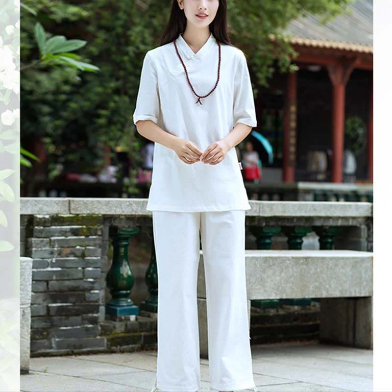 Buddha Stones 2 pezzi mezza manica scollo a V camicia top pantaloni meditazione zen tai chi abbigliamento in lino set da donna - Image 8