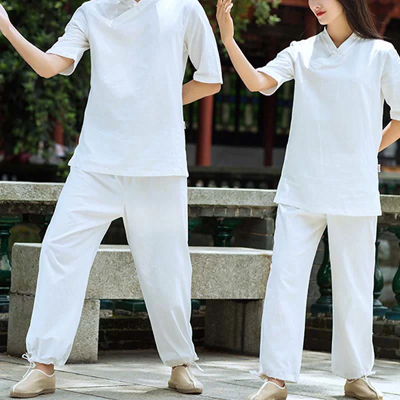 Buddha Stones 2 pezzi mezza manica scollo a V camicia top pantaloni meditazione zen tai chi abbigliamento in lino set da donna - Image 9