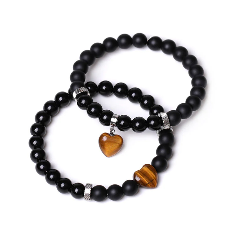 Buddha Stones 2 pezzi onice nero pietra di cristallo amore cuore protezione supporto coppia braccialetto - Image 2