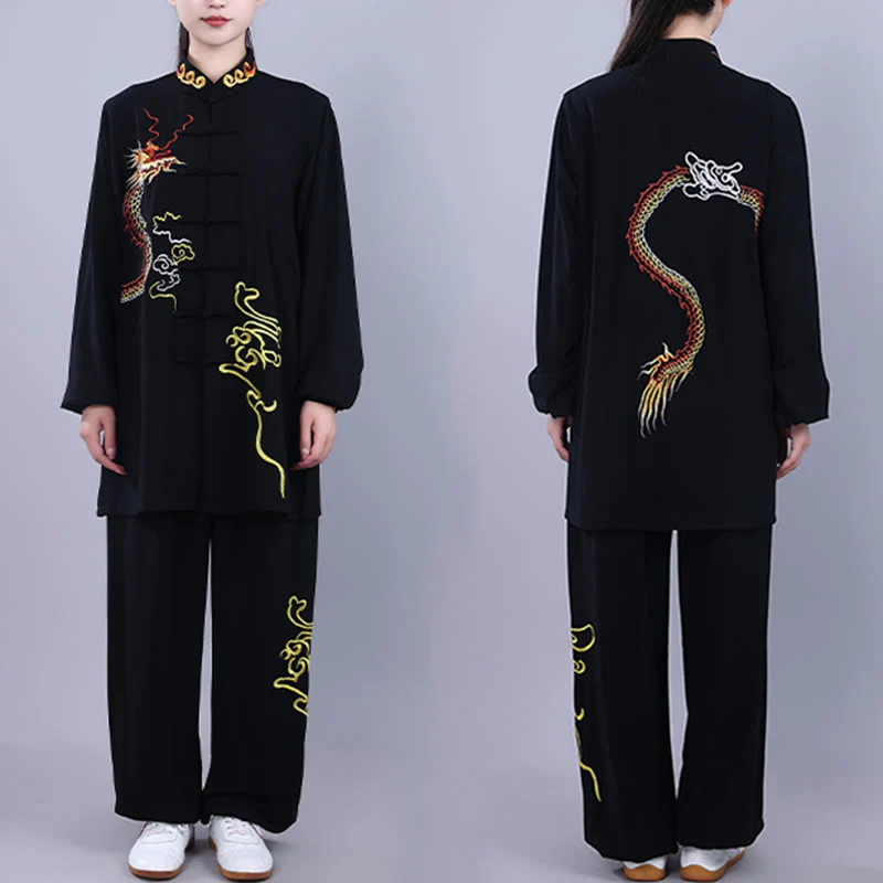 Buddha Stones 2 pezzi ricamo autunnale drago rana-bottone Tai Chi meditazione Qigong Zen pratica unisex cotone abbigliamento set