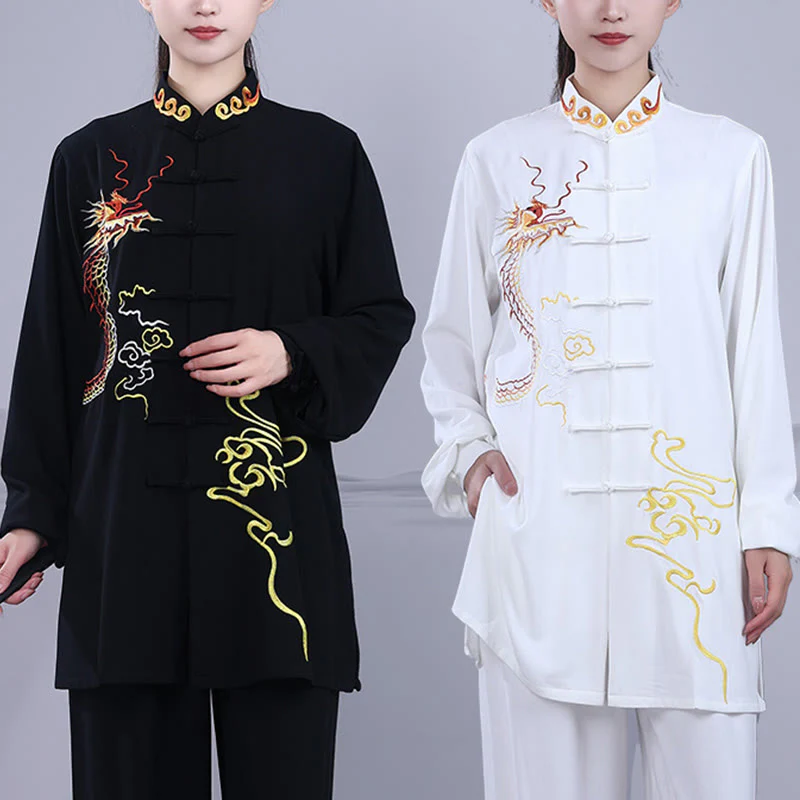 Buddha Stones 2 pezzi ricamo autunnale drago rana-bottone Tai Chi meditazione Qigong Zen pratica unisex cotone abbigliamento set - Image 14