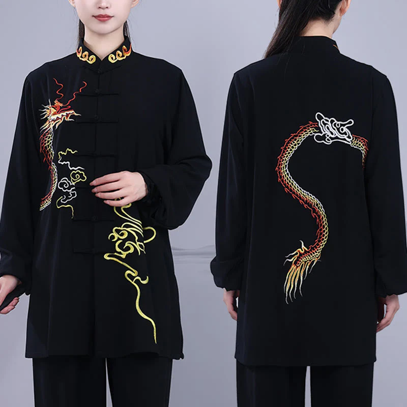 Buddha Stones 2 pezzi ricamo autunnale drago rana-bottone Tai Chi meditazione Qigong Zen pratica unisex cotone abbigliamento set - Image 5