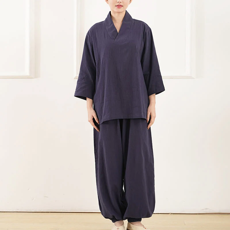 Buddha Stones 2 pezzi scollo a V manica a tre quarti camicia top pantaloni meditazione zen tai chi cotone lino abbigliamento da donna set - Image 10