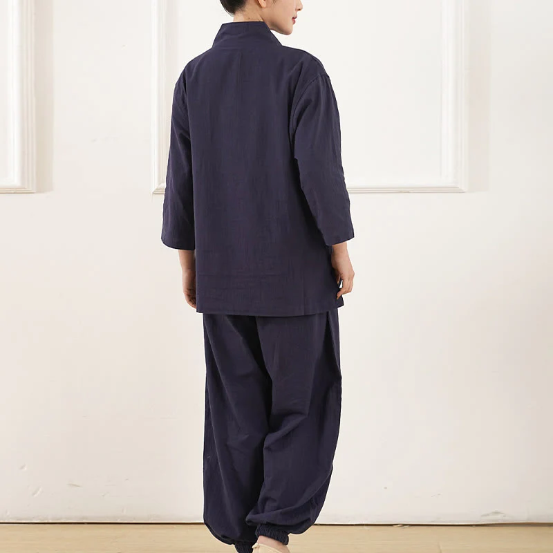 Buddha Stones 2 pezzi scollo a V manica a tre quarti camicia top pantaloni meditazione zen tai chi cotone lino abbigliamento da donna set - Image 11