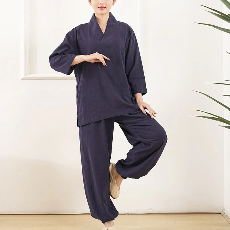 Buddha Stones 2 pezzi scollo a V manica a tre quarti camicia top pantaloni meditazione zen tai chi cotone lino abbigliamento da donna set - Image 12