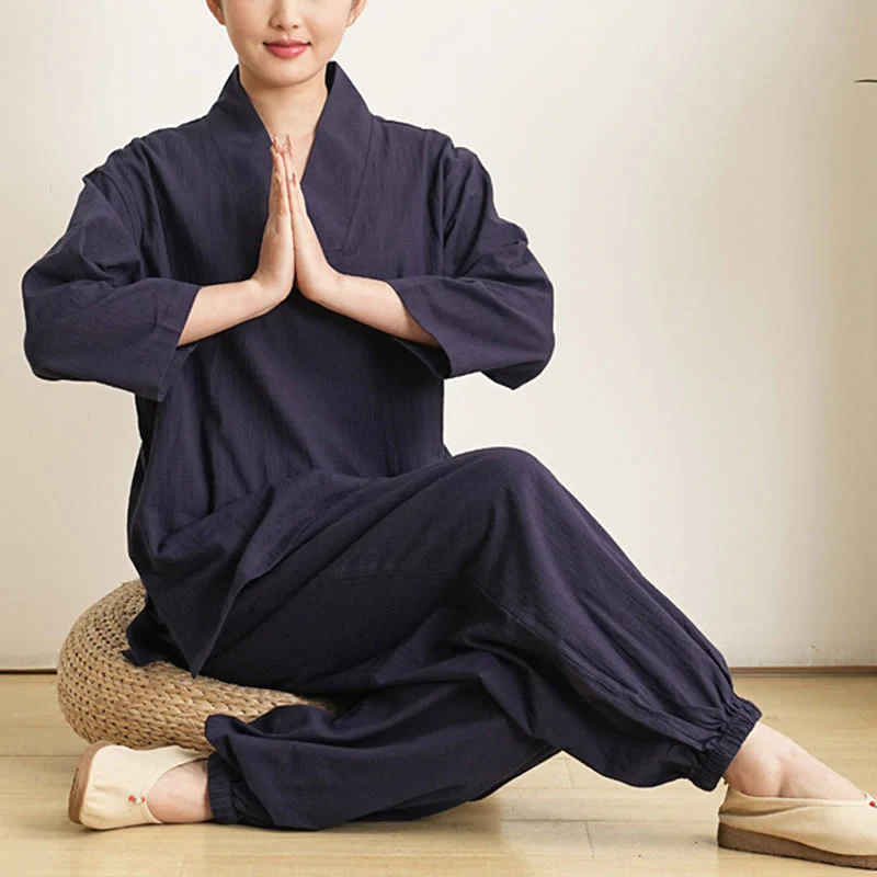 Buddha Stones 2 pezzi scollo a V manica a tre quarti camicia top pantaloni meditazione zen tai chi cotone lino abbigliamento da donna set - Image 13