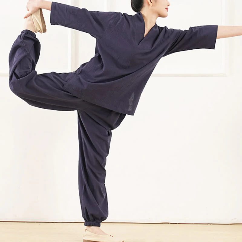 Buddha Stones 2 pezzi scollo a V manica a tre quarti camicia top pantaloni meditazione zen tai chi cotone lino abbigliamento da donna set - Image 14