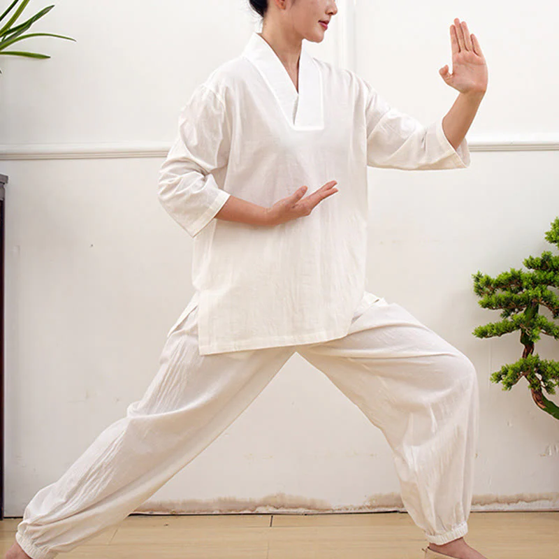 Buddha Stones 2 pezzi scollo a V manica a tre quarti camicia top pantaloni meditazione zen tai chi cotone lino abbigliamento da donna set - Image 22