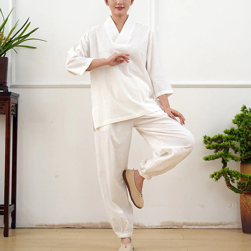 Buddha Stones 2 pezzi scollo a V manica a tre quarti camicia top pantaloni meditazione zen tai chi cotone lino abbigliamento da donna set - Image 23