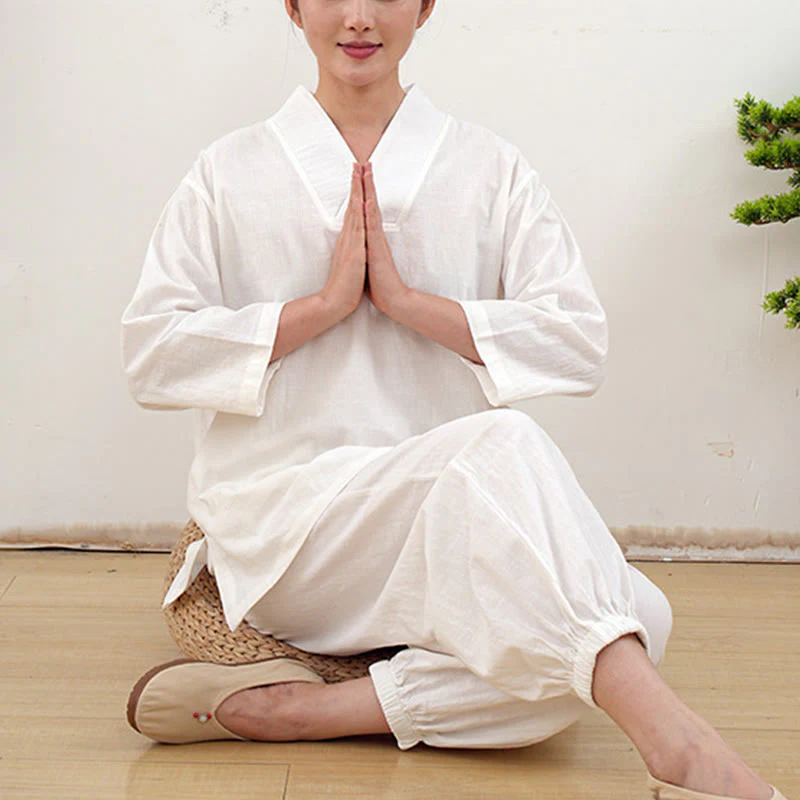 Buddha Stones 2 pezzi scollo a V manica a tre quarti camicia top pantaloni meditazione zen tai chi cotone lino abbigliamento da donna set - Image 24