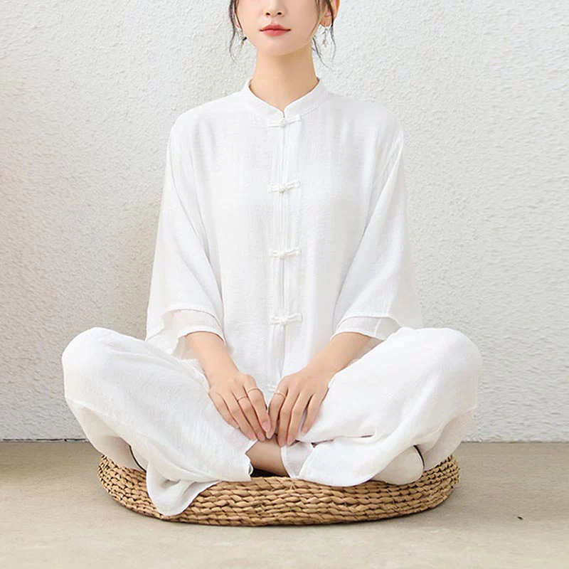 Buddha Stones 2 pezzi semplice cinese rana pulsante design top pantaloni meditazione yoga zen tai chi cotone abbigliamento donna set - Image 10