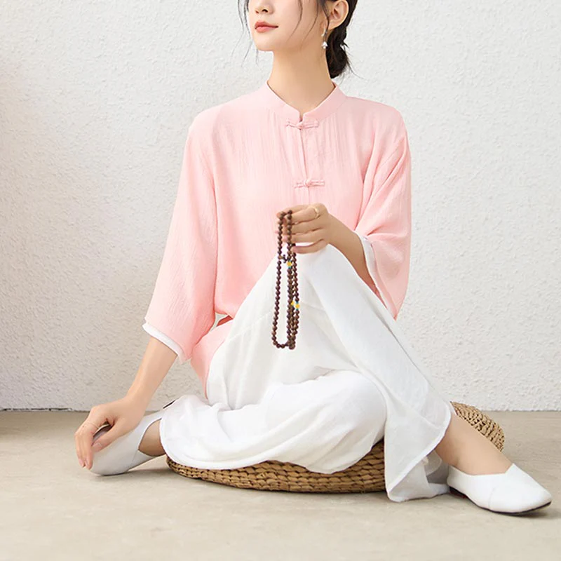Buddha Stones 2 pezzi semplice cinese rana pulsante design top pantaloni meditazione yoga zen tai chi cotone abbigliamento donna set - Image 2