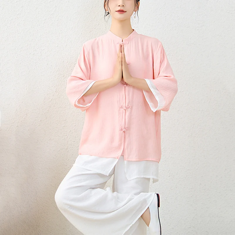 Buddha Stones 2 pezzi semplice cinese rana pulsante design top pantaloni meditazione yoga zen tai chi cotone abbigliamento donna set - Image 4