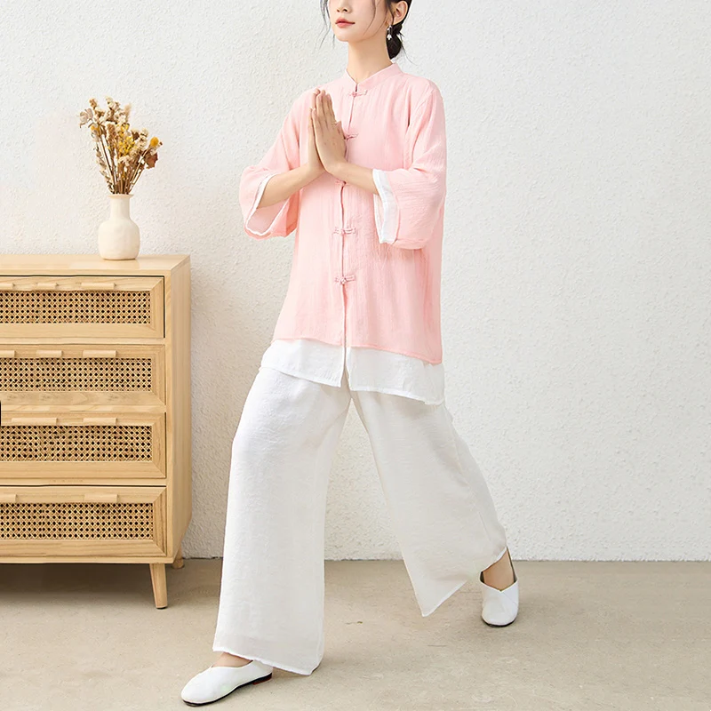 Buddha Stones 2 pezzi semplice cinese rana pulsante design top pantaloni meditazione yoga zen tai chi cotone abbigliamento donna set - Image 5