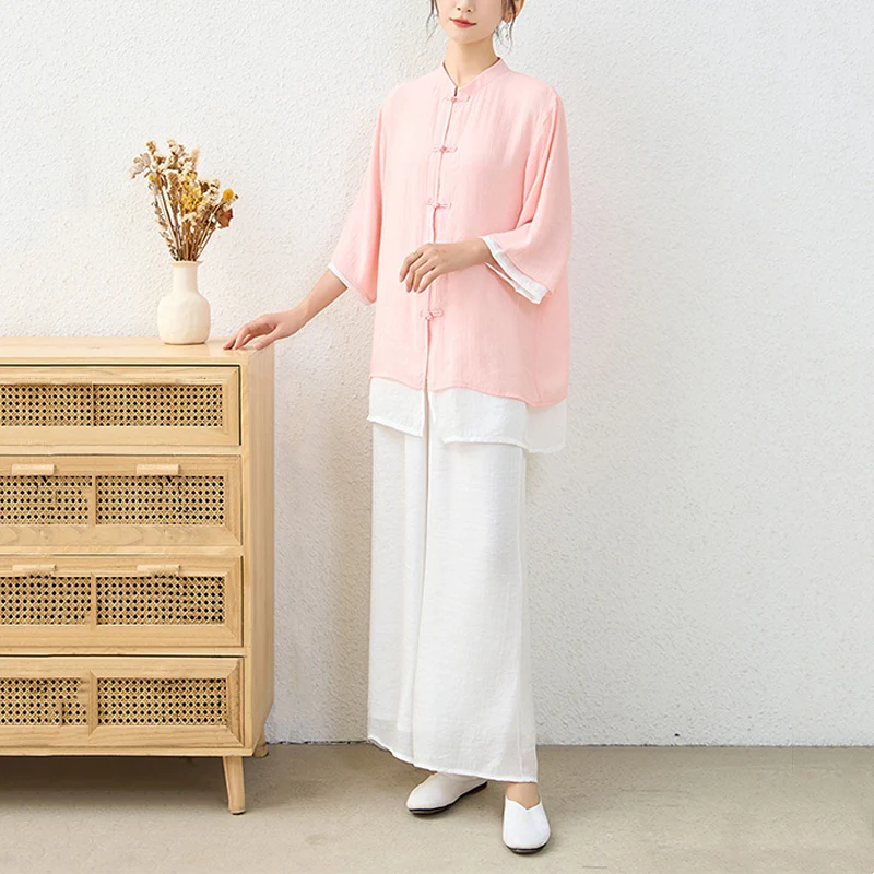 Buddha Stones 2 pezzi semplice cinese rana pulsante design top pantaloni meditazione yoga zen tai chi cotone abbigliamento donna set - Image 6