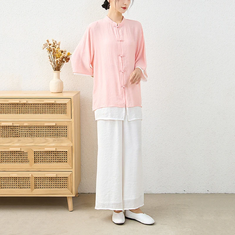 Buddha Stones 2 pezzi semplice cinese rana pulsante design top pantaloni meditazione yoga zen tai chi cotone abbigliamento donna set - Image 7