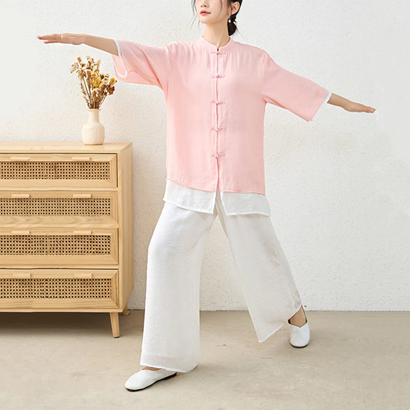 Buddha Stones 2 pezzi semplice cinese rana pulsante design top pantaloni meditazione yoga zen tai chi cotone abbigliamento donna set - Image 8