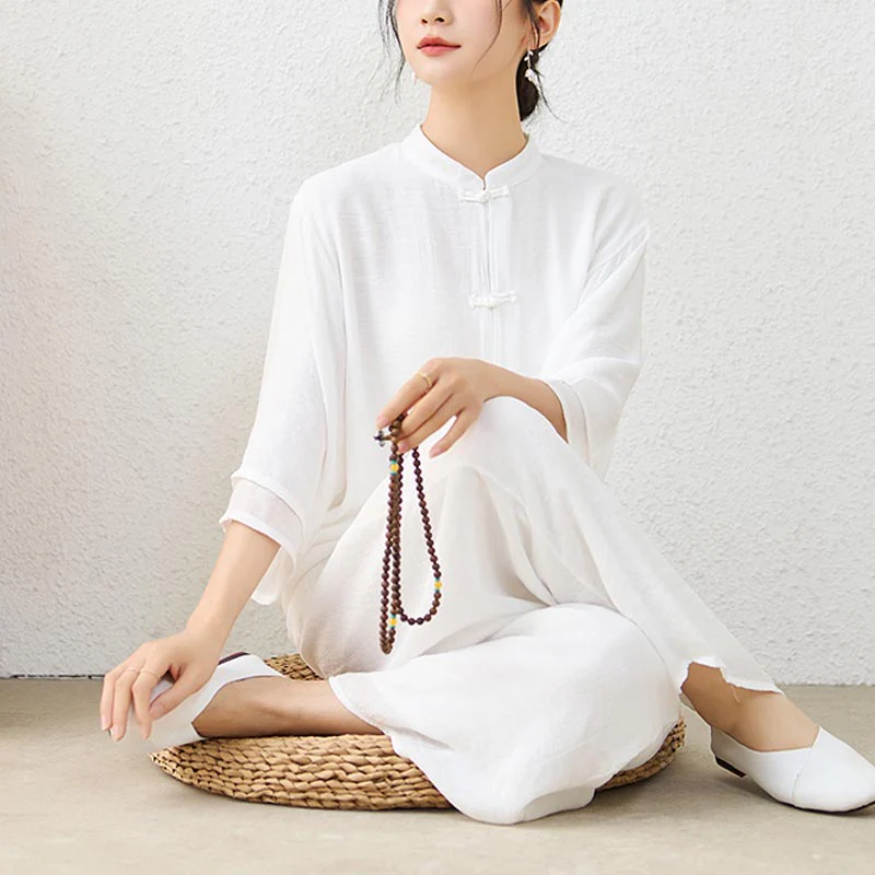 Buddha Stones 2 pezzi semplice cinese rana pulsante design top pantaloni meditazione yoga zen tai chi cotone abbigliamento donna set - Image 9