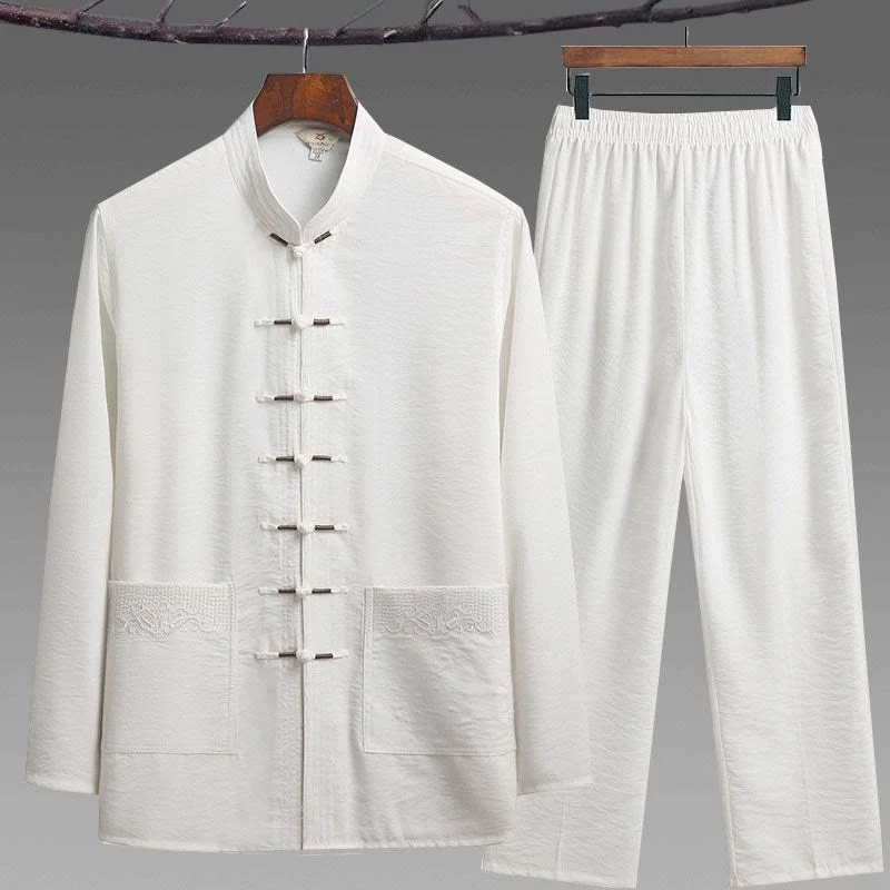 Buddha Stones 2 pezzi semplice Tang Suit uomo Frog-Bottone manica lunga camicia pantaloni set - Image 13