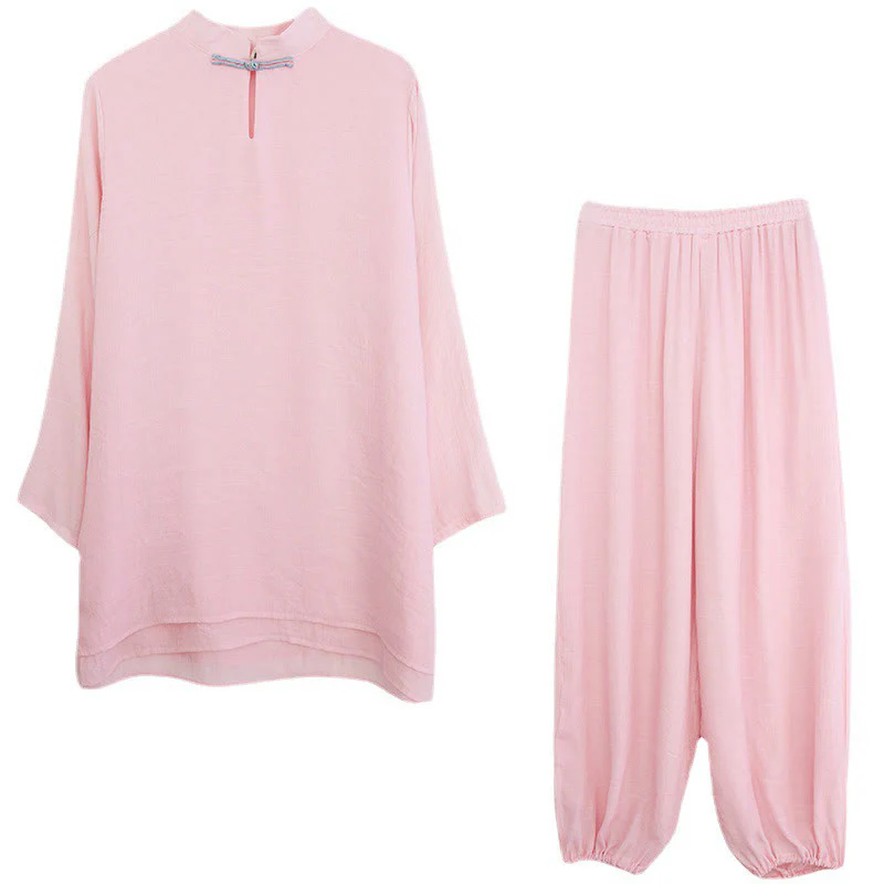 Buddha Stones 2 pezzi Solido Donna Manica Lunga Camicia Pantaloni Meditazione Abbigliamento Set - Image 13