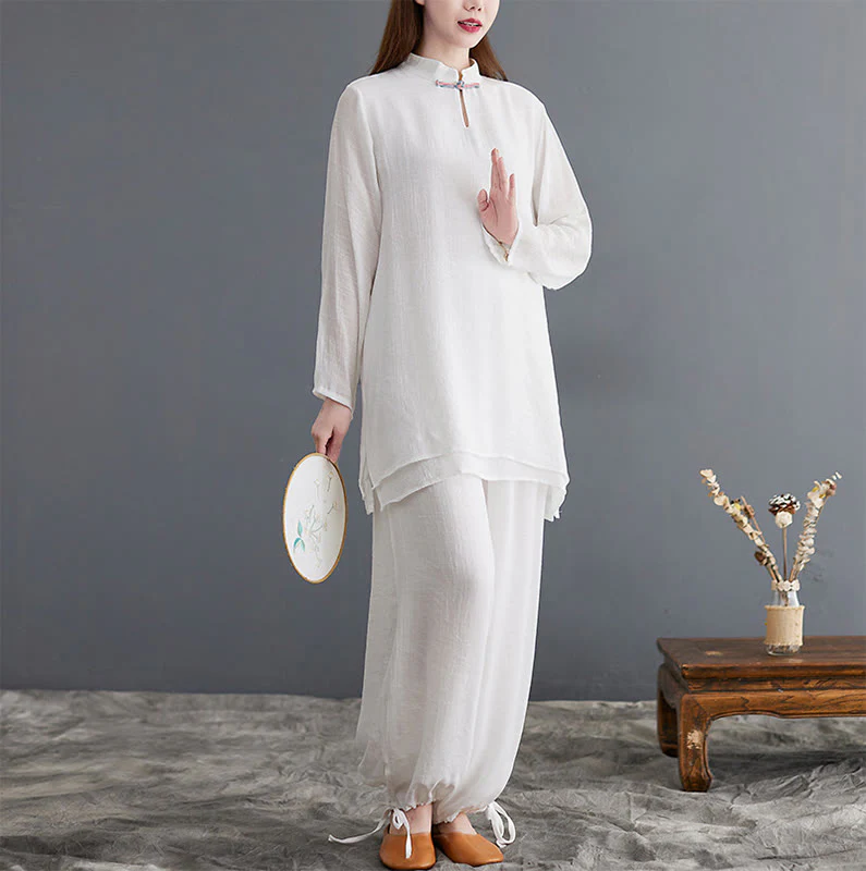 Buddha Stones 2 pezzi Solido Donna Manica Lunga Camicia Pantaloni Meditazione Abbigliamento Set - Image 14