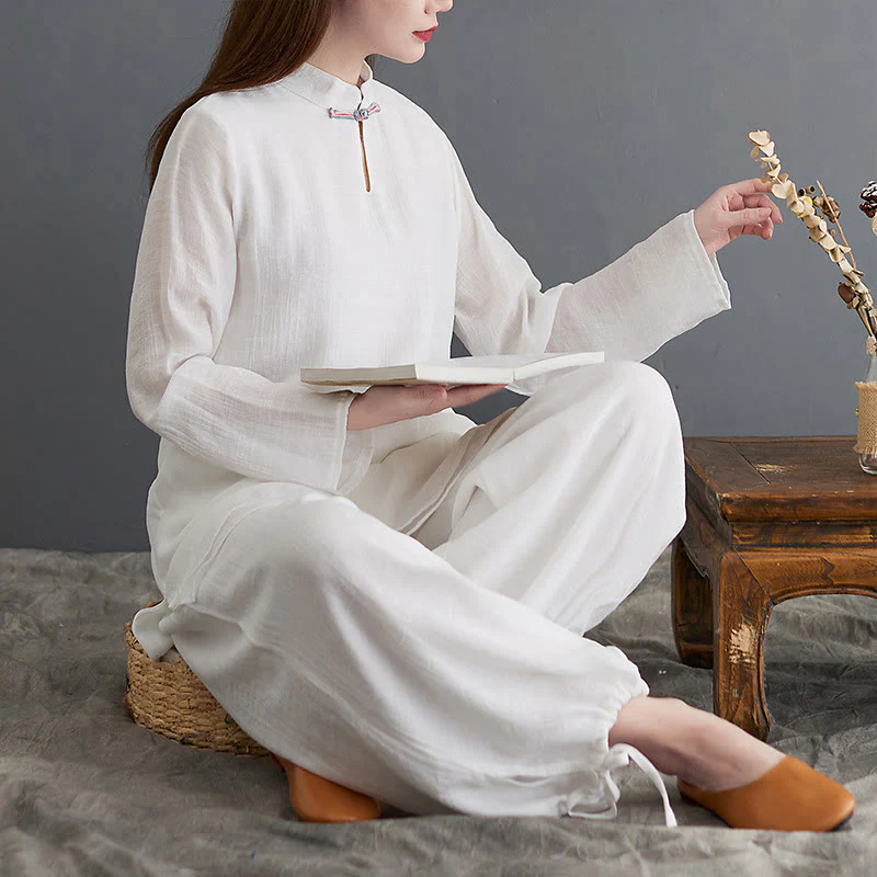 Buddha Stones 2 pezzi Solido Donna Manica Lunga Camicia Pantaloni Meditazione Abbigliamento Set - Image 16