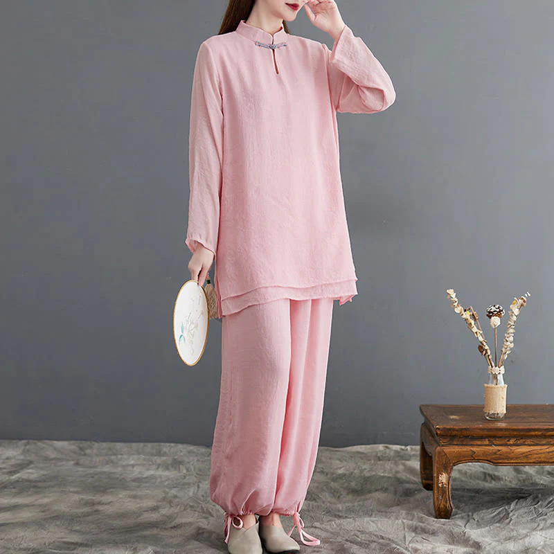 Buddha Stones 2 pezzi Solido Donna Manica Lunga Camicia Pantaloni Meditazione Abbigliamento Set - Image 2