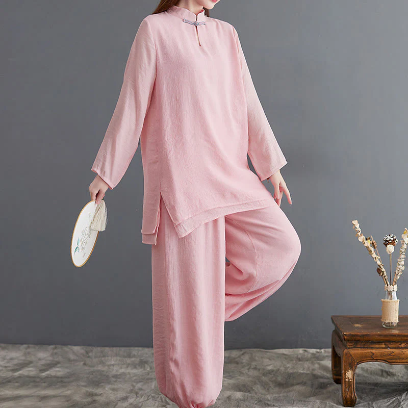 Buddha Stones 2 pezzi Solido Donna Manica Lunga Camicia Pantaloni Meditazione Abbigliamento Set - Image 3