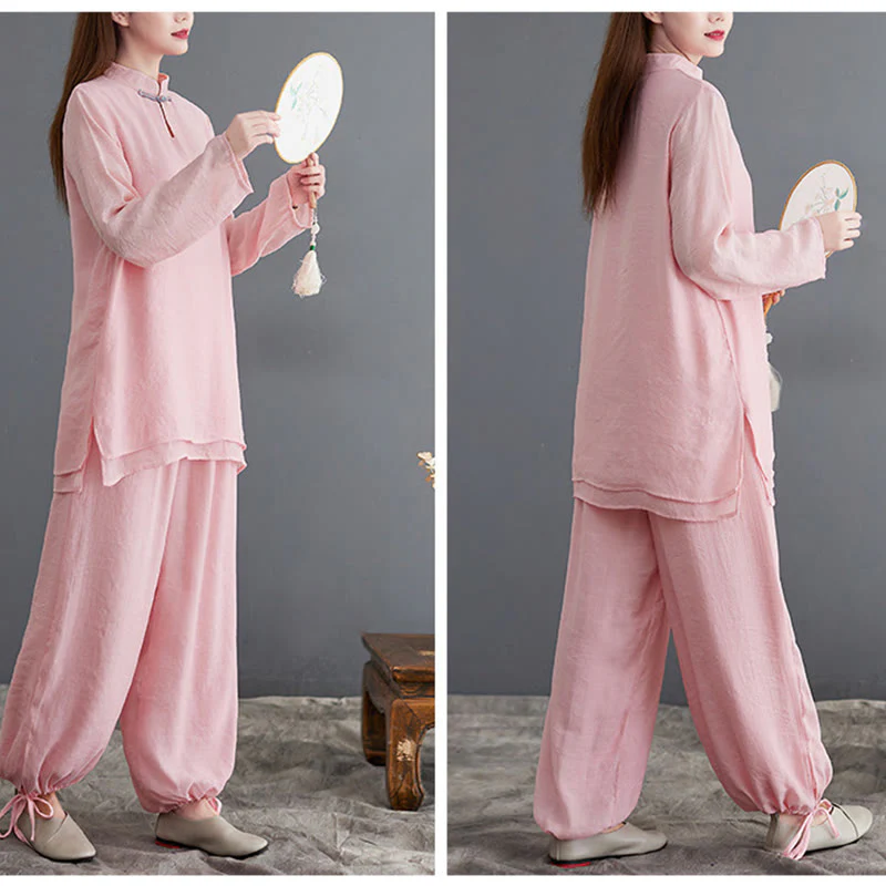 Buddha Stones 2 pezzi Solido Donna Manica Lunga Camicia Pantaloni Meditazione Abbigliamento Set - Image 4