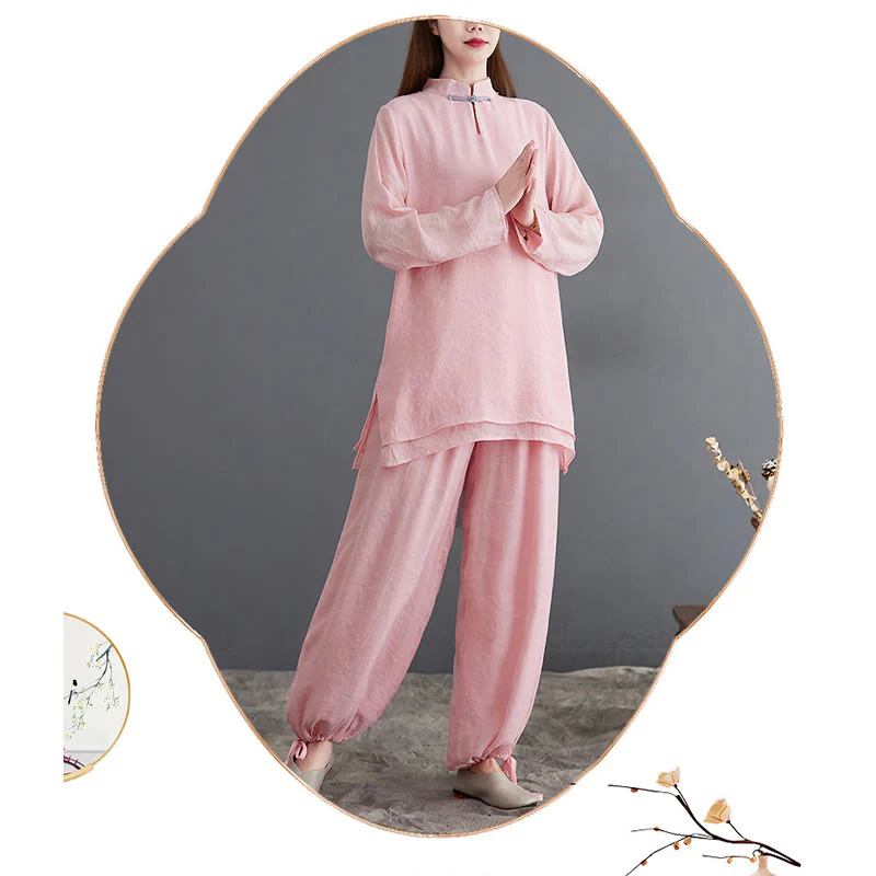 Buddha Stones 2 pezzi Solido Donna Manica Lunga Camicia Pantaloni Meditazione Abbigliamento Set - Image 7