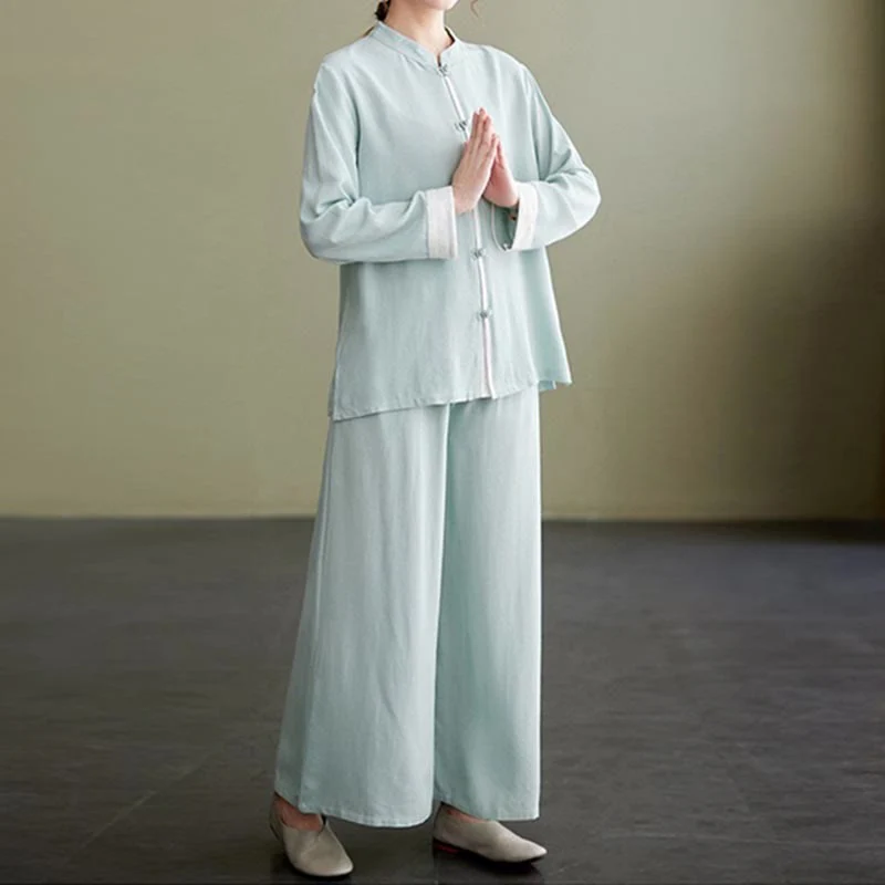 Set da donna in cotone e lino con 2 pezzi Buddha Stones , camicia a maniche lunghe, pantaloni e top per meditazione Zen Tai Chi - Image 19