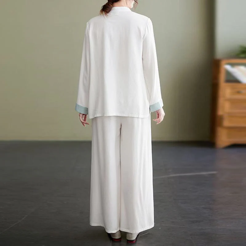 Set da donna in cotone e lino con 2 pezzi Buddha Stones , camicia a maniche lunghe, pantaloni e top per meditazione Zen Tai Chi - Image 3