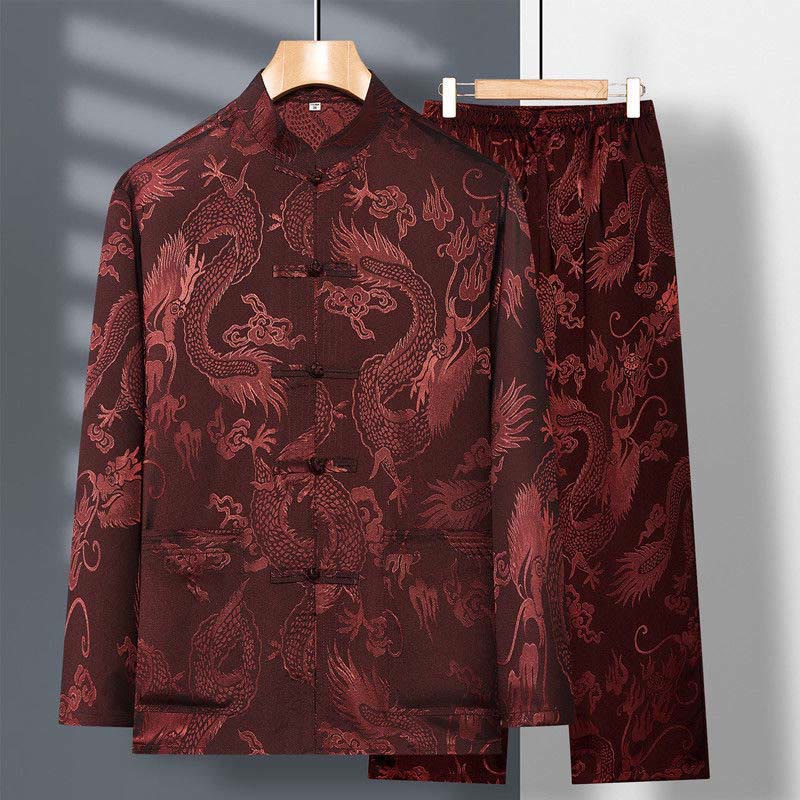 Buddha Stones 2 pezzi Tang Suit Drago Rana-bottone Uomo Manica Lunga Camicia Pantaloni Abbigliamento Set - Image 18