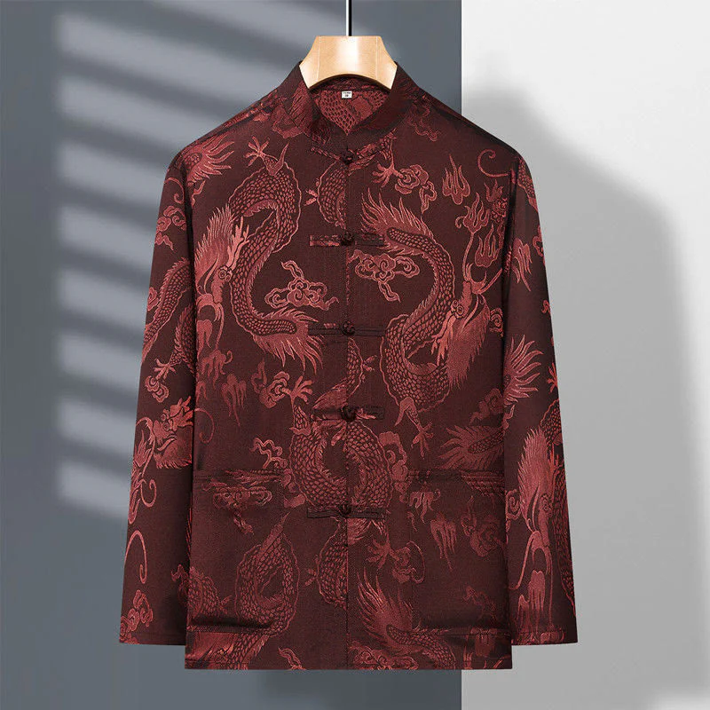 Buddha Stones 2 pezzi Tang Suit Drago Rana-bottone Uomo Manica Lunga Camicia Pantaloni Abbigliamento Set - Image 19
