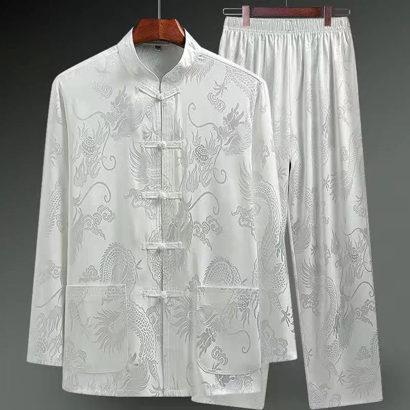 Buddha Stones 2 pezzi Tang Suit Drago Rana-bottone Uomo Manica Lunga Camicia Pantaloni Abbigliamento Set - Image 20