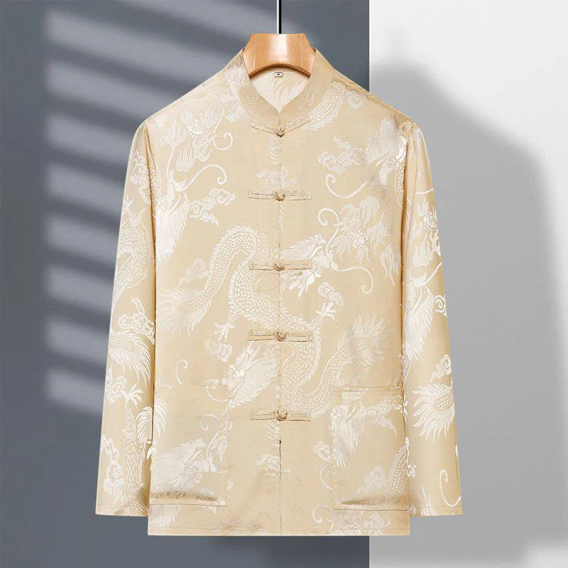 Buddha Stones 2 pezzi Tang Suit Drago Rana-bottone Uomo Manica Lunga Camicia Pantaloni Abbigliamento Set - Image 4