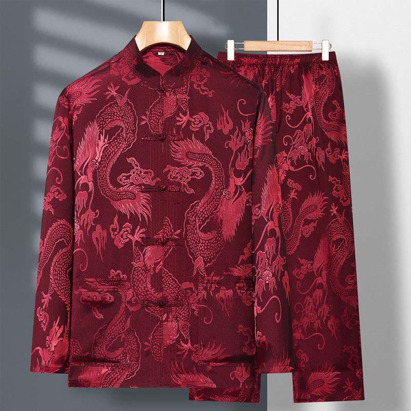 Buddha Stones 2 pezzi Tang Suit Drago Rana-bottone Uomo Manica Lunga Camicia Pantaloni Abbigliamento Set - Image 5