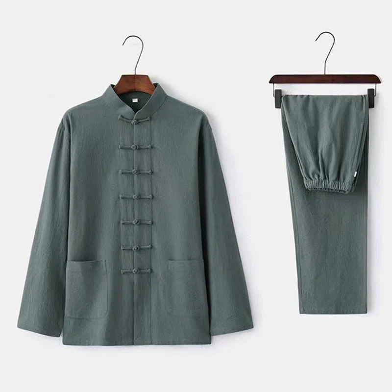 Set da uomo con camicia a maniche lunghe e pantaloni, completo da uomo, in 2 pezzi, con Buddha Stones bottoni tradizionali. - Image 5