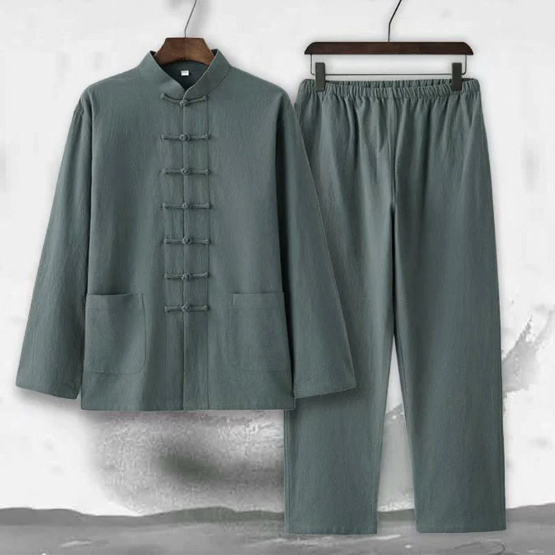 Set da uomo con camicia a maniche lunghe e pantaloni, completo da uomo, in 2 pezzi, con Buddha Stones bottoni tradizionali. - Image 6