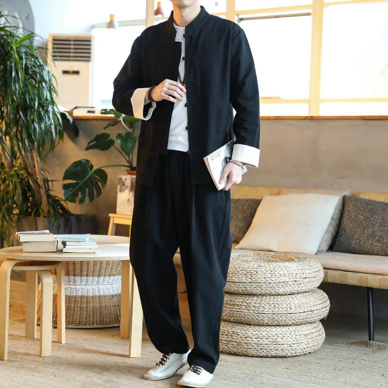 Buddha Stones 2 pezzi Zen Tang Suit da uomo Frog-Bottone Camicia a maniche lunghe Pantaloni Set con tasche - Image 16