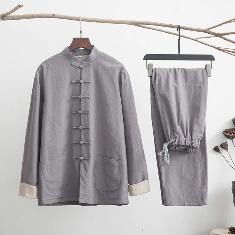 Buddha Stones 2 pezzi Zen Tang Suit da uomo in lino con bottoni a rana, camicia a maniche lunghe e pantaloni set