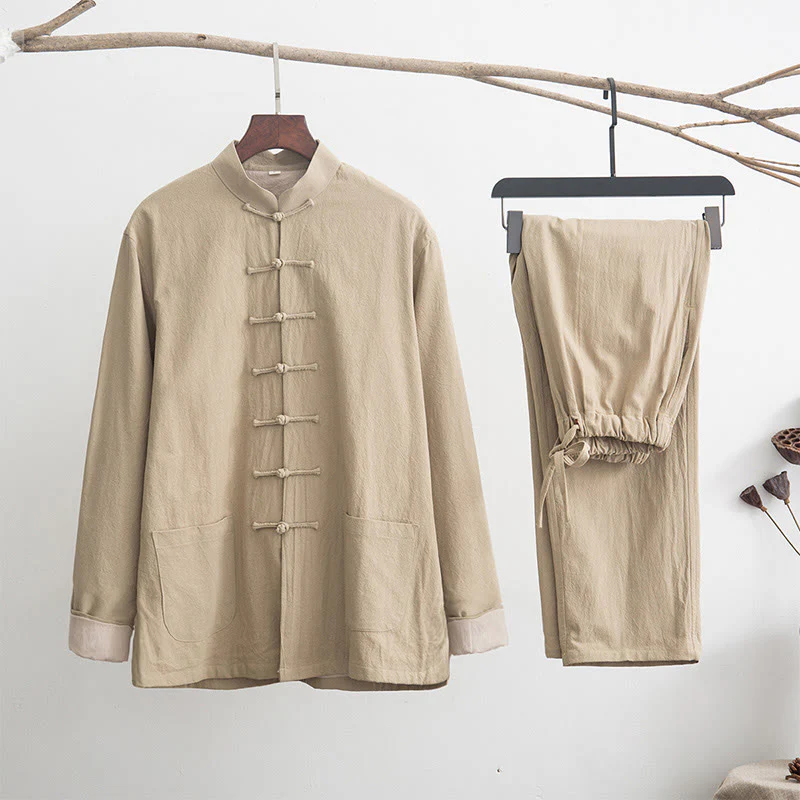 Buddha Stones 2 pezzi Zen Tang Suit da uomo in lino con bottoni a rana, camicia a maniche lunghe e pantaloni set - Image 21