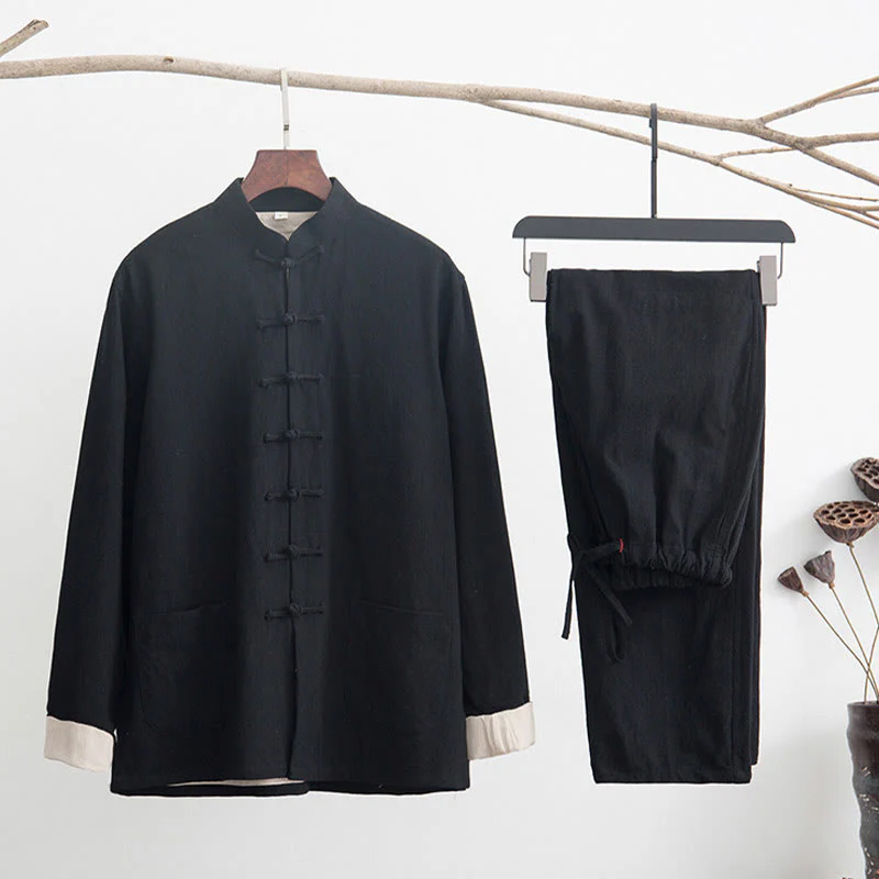 Buddha Stones 2 pezzi Zen Tang Suit da uomo in lino con bottoni a rana, camicia a maniche lunghe e pantaloni set - Image 3