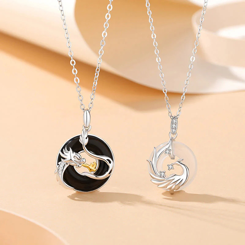 Buddha Stones 925 Argento Sterling Anno del Drago Onice Nero Naturale Calcedonio Drago Fenice Pace Fibbia Collana Pendente di Protezione