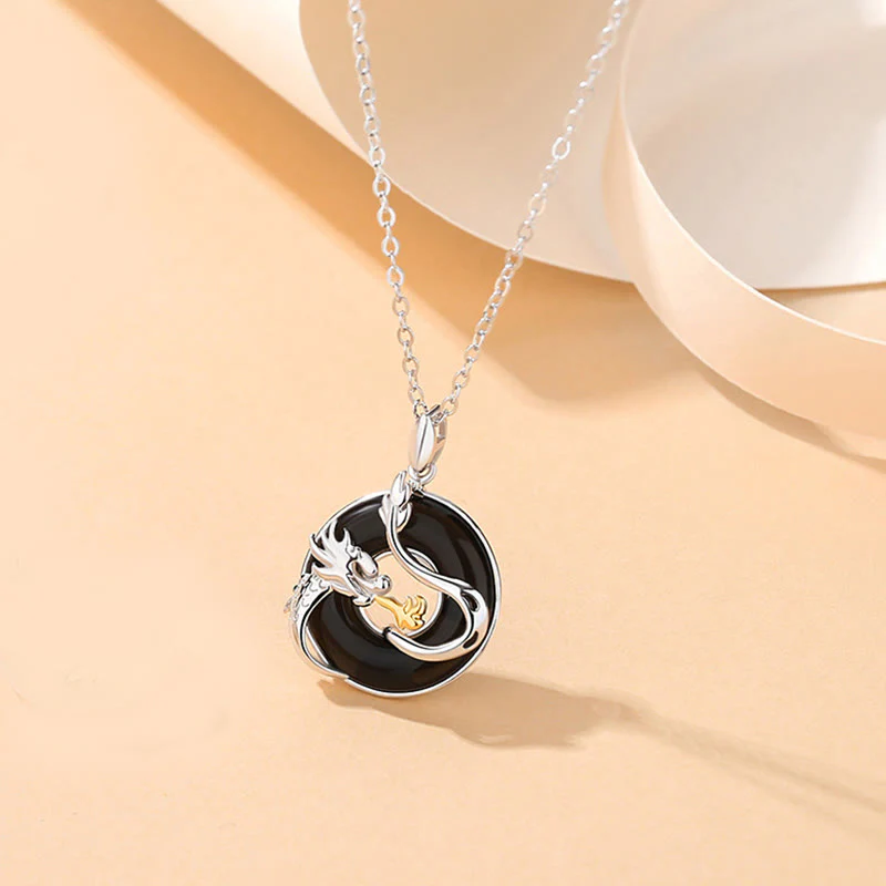 Buddha Stones 925 Argento Sterling Anno del Drago Onice Nero Naturale Calcedonio Drago Fenice Pace Fibbia Collana Pendente di Protezione - Image 2