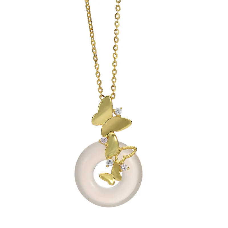 Buddha Stones 925 Sterling Silver Butterfly Calcedonio Pace Fibbia Benedizione Fortuna Collana Pendente - Image 2