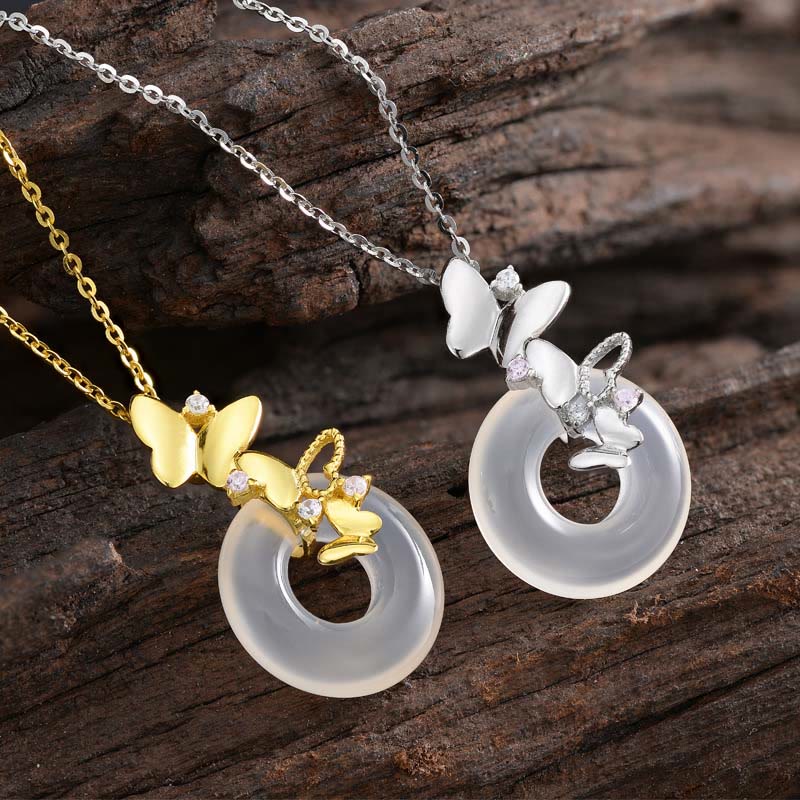 Buddha Stones 925 Sterling Silver Butterfly Calcedonio Pace Fibbia Benedizione Fortuna Collana Pendente - Image 4