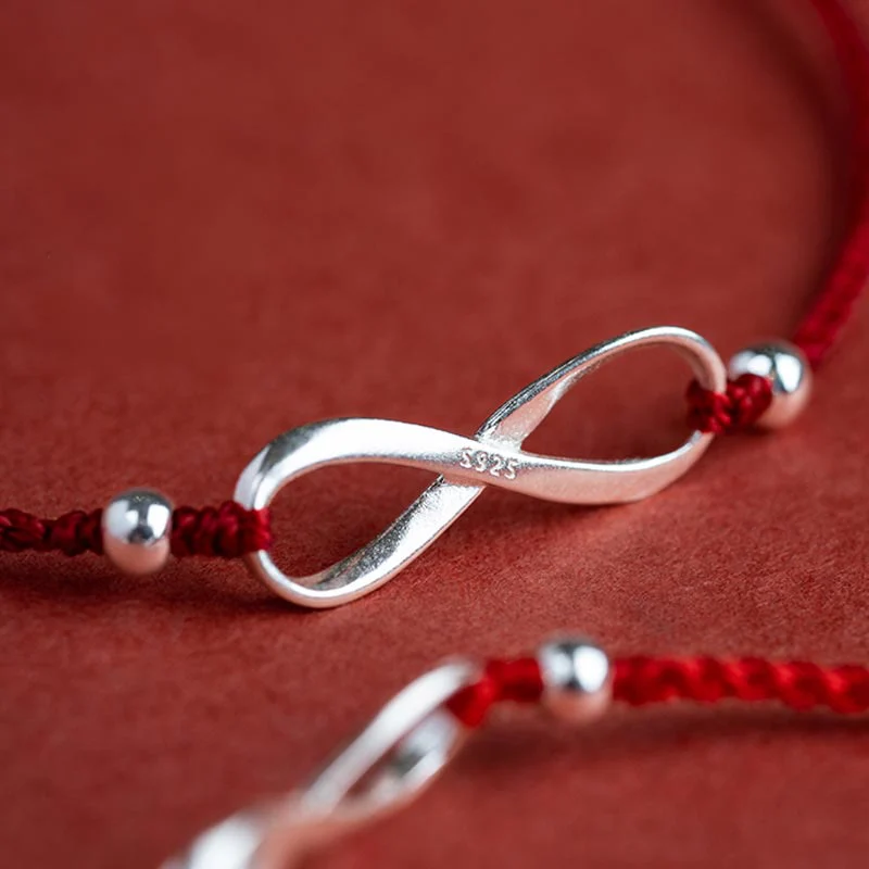Buddha Stones 925 Sterling Silver Endless Knot Protezione Fortuna Braccialetto Cavigliera Corda Rossa - Image 15