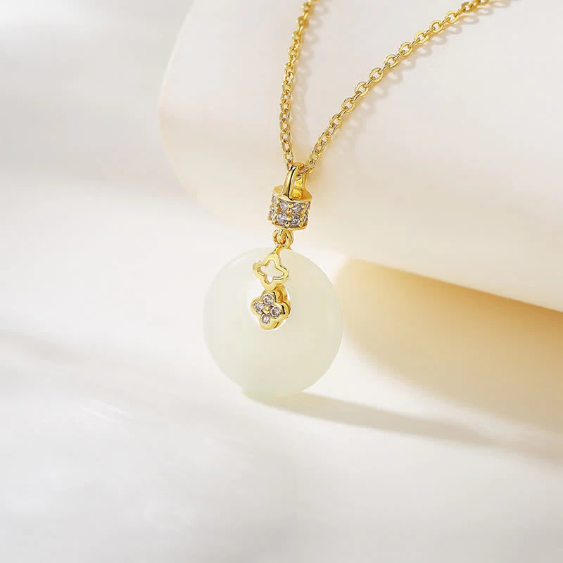 Buddha Stones 925 Sterling Silver Hetian Giada Bianca Moneta Fiore Pace Fibbia Collana Pendente Fortuna - Image 6